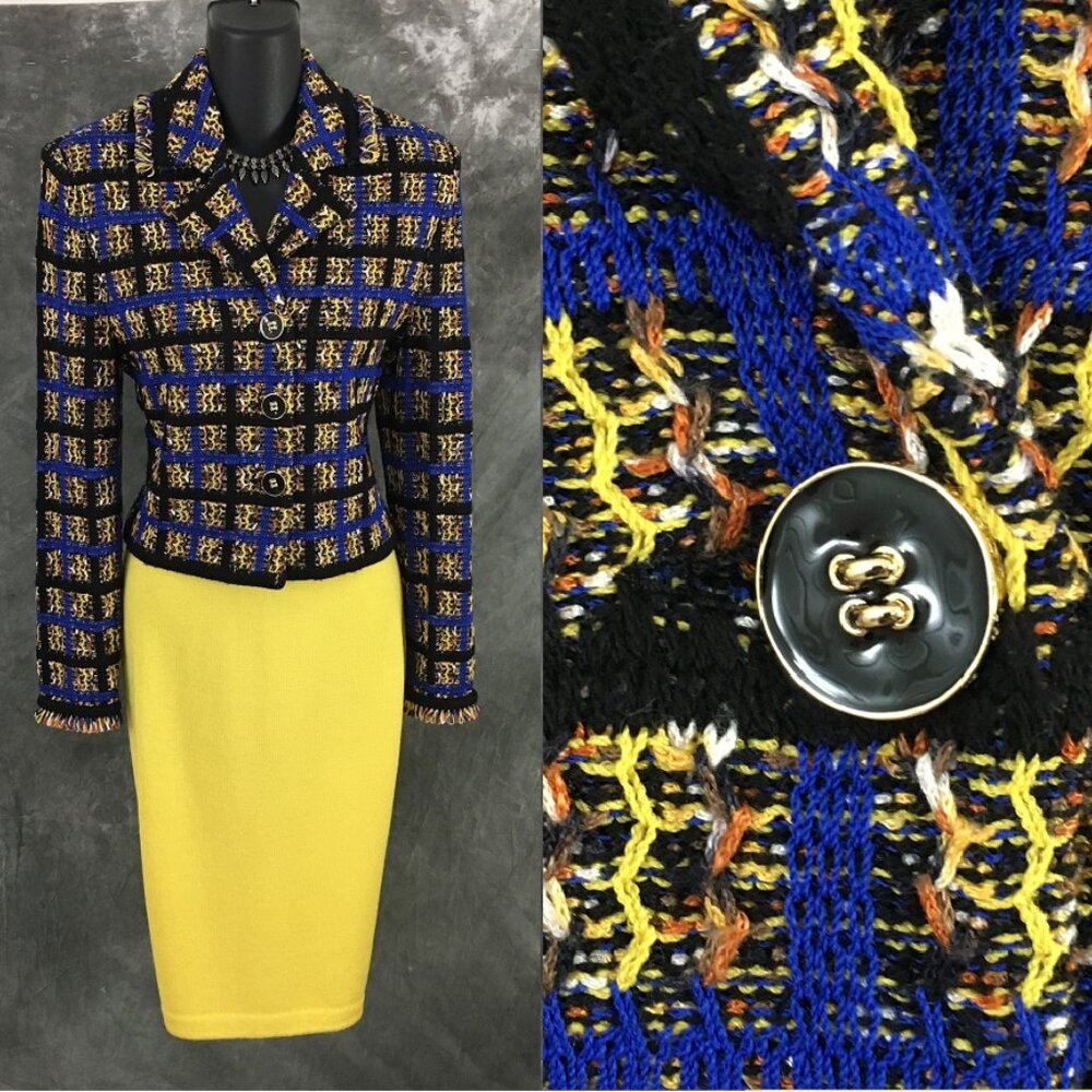 BEAUTIFUL St John collection knit black blue yellow multi jacket skirt suit 2 4